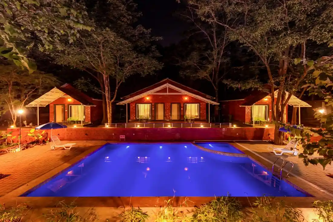 Night view of illuminated swimming pool at Rain Forest Resort Dandeli