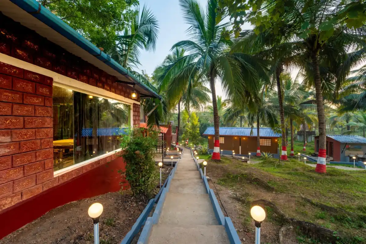 Wooden walkway through jungle at Wild Mist resort Dandeli for nature walks